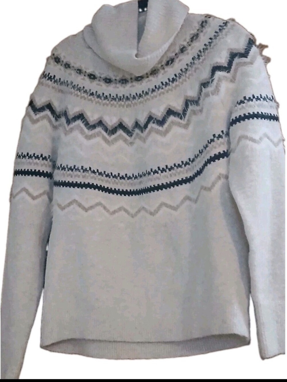 LOFT FAIR ISLE NORDIC COZY COWL NECK CREAM CHEVRON MEDIUM WOOL BLEND SWEATER